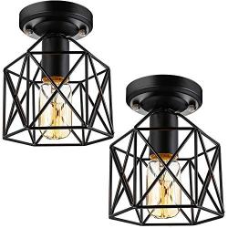 Ceiling Light Fixture,Retro Vintage Flush Mount Light Fixture E26 E27 Base Metal Caged Industrial Mini Pendant Light for Hallway Porch Bathroom Stairway Farmhouse Kitchen 2 Pack