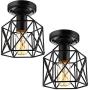 Ceiling Light Fixture,Retro Vintage Flush Mount Light Fixture E26 E27 Base Metal Caged Industrial Mini Pendant Light for Hallway Porch Bathroom Stairway Farmhouse Kitchen 2 Pack
