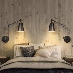 Industrial Plug in Wall Sconces with Matte Black Farmhouse Swing Arm Wall Lamp for Bedroom Bathroom Dining Room Kitchen ( Set of 2 )