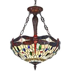 Capulina Tiffany Dining Table Lights, 3-Light Hanging Tiffany Style Lamp, 18 Inch Wide Stained Glass Dining Room Lights, Beautiful Dragonfly Inverted Ceiling Pendant Lights, Tiffany Hanging Light