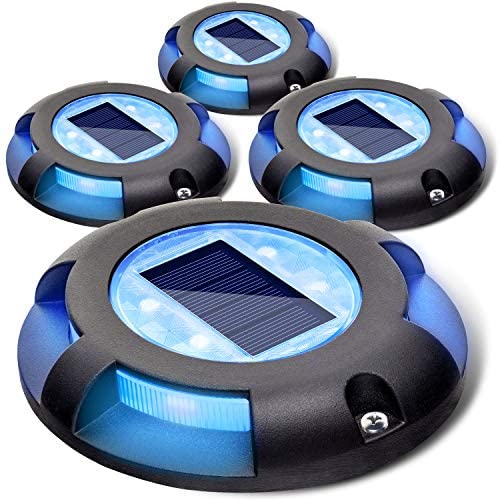 Siedinlar Solar Deck Lights Outdoor 2 Modes LED Driveway Markers for Dock Step Stair Walkway Pathway Garden Ground Yard Road Black 4 Pack (Blue/Red)