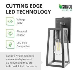 Sunco Lighting Cage Wall Sconce, Matte Black, Clear Glass Shade, Dusk-to-Dawn Photocell Sensor, Outdoor Lantern, Warm White Filament Bulb Included (E26 Base), Waterproof, Suitable for Porch