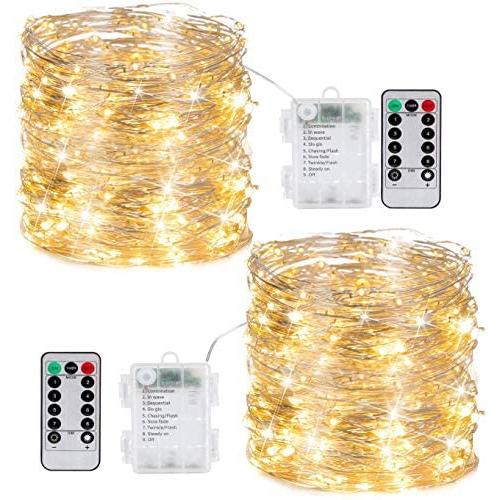 2 Pack 100 LEDs Fairy String Lights Battery Operated-33 Feet Lights with Timer and 8 Mode Remote Control, Waterproof Firefly Lights for Indoor Outdoor Wedding Party Decor, Warm White