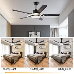 48 Inch Modern Minimalist Fan Chandelier with Remote Control Dimmable Black 5 Iron Fan Leaf Tricolor Dimming Ceiling Lamp Fixture Kitchen Dining Room Living Room Lighting Fixtures