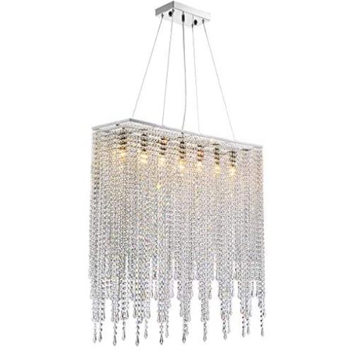 7PM Modern Crystal Chandelier Rectangle Beaded Lampshade Pendant Lighting Chrome Frame Light Fixture for Dining Room Bar