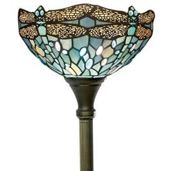 Tiffany Floor Lamp Torchiere Up Lighting W12H66 Sea Blue Stained Glass Crystal Bead Dragonfly Shade Antique Standing Iron Base 1E26 Foot Switch S147 WERFACTORY Lamps Home Office Decoration Gifts