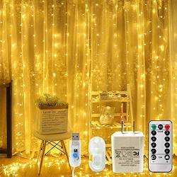 OurWarm LED Curtain Lights, 300 LED 8 Lighting Modes Fairy String Light Remote Control Decoration for Bedroom Window Wedding Party Home Garden Indoor Outdoor, IP68 Waterproof 9.9ft X 9.9ft, Warm White