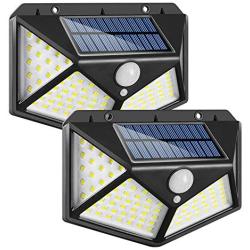 Solar Wall Lights Outdoor, Motion Activated IP65 Waterproof, Daylight White with 100 LEDs and 3 Modes, as Pathway Lights for Garage, Yard, Garden, Patio, Porch, Stairs, .etc, 2 Pack