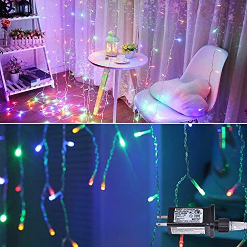 200-LED Icicle Lights, 9.8 x 9.8 Window Curtain String Lights, Fairy String Lights with 8-Lighting Modes for Bedroom Wedding Party Indoor/Outdoor (Multi Color)