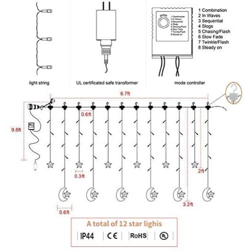 138 LED Moon Star Window Curtain String Lights Fairy Lights 8 Flashing Modes Decoration Remote Control for Christmas Home Holiday Festival Party Wedding Bedroom Indoor Outdoor Decor (Warm White)