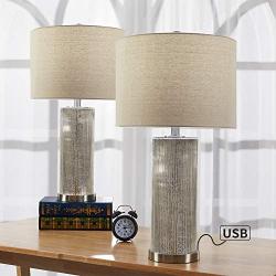 Maxax USB Table Lamp Sets of 2 Nightstand Lamps with Oatmeal Fabric Shade for Living Room and Bedroom,Nickel Finish