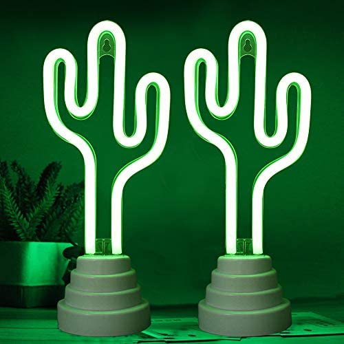 Bright Zeal [Pack of 2 ] 11.5'' Green Cactus Plug in Neon Lights for Room Wall Sign - Cactus Party Table Decorations Neon Signs for Bedroom - Neon Lights Battery Powered Cactus Neon Sign Night Light