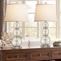 Oneach Modern Table Lamps Set of 2 for Living Room Bedside Lamp with Glass Triple Gourd White Drum Shade Bedroom 26.8'' Study Lamps Mercury Silver