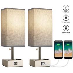 BOBOMOMO USB Table Lamp Set of 2 Bedside Lamps 15.5 with 2 USB Charging Ports & 2 Power Outlet Nightstand Lamps for Bedroom Living Room Study Room (Silver&Gray)