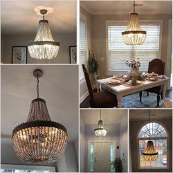 Newrays Wood Bead Chandelier Pendant Three Lights Gray White Finishing Retro Vintage Antique Rustic Kitchen Ceiling Lamp Light Fixtures(Big)