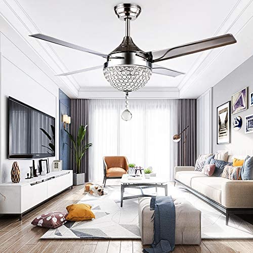 RainierLight Modern Crystal Ceiling Fan Lamp LED 3 Changing Light 4 Stainless Steel Blades with Remote Control for Living Room/Bedroom 44-Inch/Quiet/Decoration