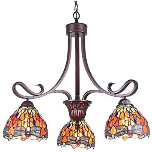 Capulina Tiffany Dining Room Light 3-Light Stained Glass Chandeliers Hanging Light Red Dragonfly Dining Table Lights Vintage Style Chandelier Kitchen Lighting