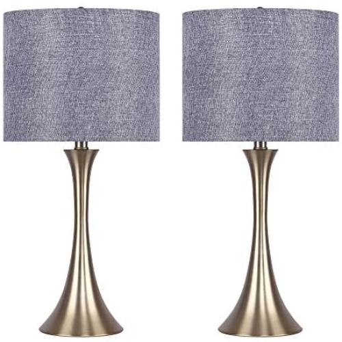 24'' Gold Plated Table Lamps w/Blue Sparkly Linen Shades (Set of 2)