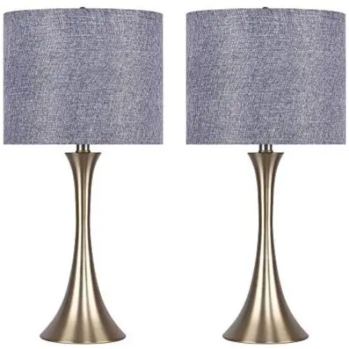 24'' Gold Plated Table Lamps w/Blue Sparkly Linen Shades (Set of 2)