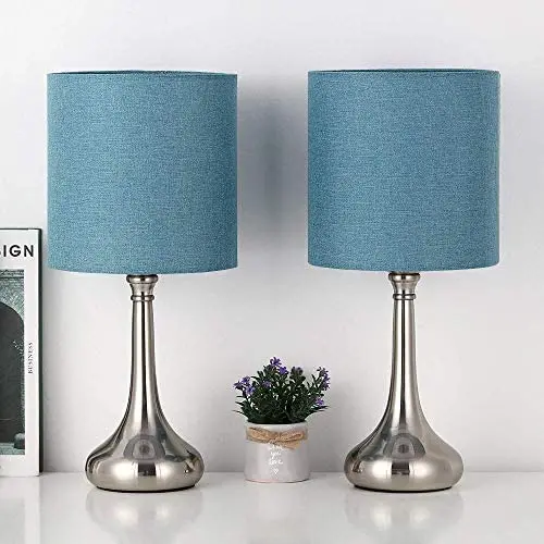 RZChome Blue Light Table Lamps Modern Table Lamps - Bedside Desk Lamp Set of 2, Small Nightstand Lamps for Bedroom, Living Room, Office with Fabric Lamp Shade and Metal Base