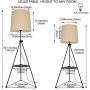 Modern Industrial Flaxen Lampshade Tripod Floor Lamp with Shelves- Modern Mid Century Design Standing Light with Metal Legs - Adjustable Height Reading Light for Living Room Bedside Office