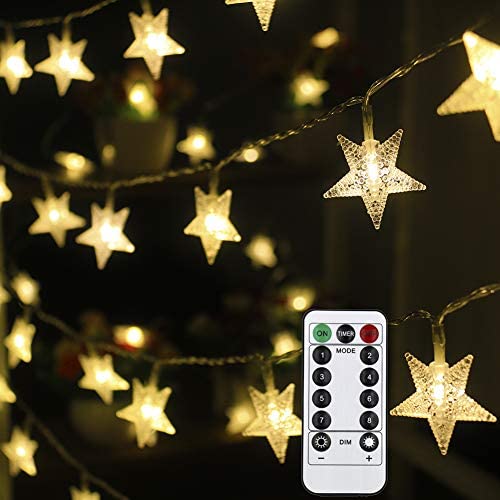 Mankinlu Star String Lights 50 LED 25 ft Waterproof Christmas Fairy Lights 8 Modes Star Twinkle Fairy Lights Battery Operated with Remote Control for Party Bedroom Kids Tent Christmas Decor Warm White