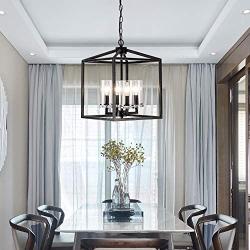 Industrial Metal Modern Lanten Chandelier Lighting Fixture 4 Clear Glass Shades for Dining Room, Kitchen, Living Room