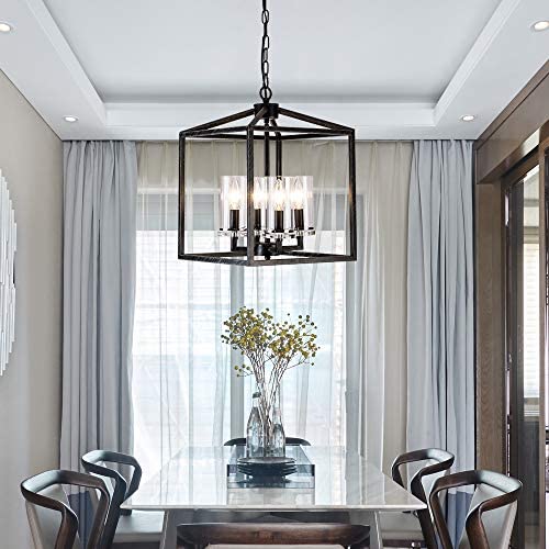 Industrial Metal Modern Lanten Chandelier Lighting Fixture 4 Clear Glass Shades for Dining Room, Kitchen, Living Room