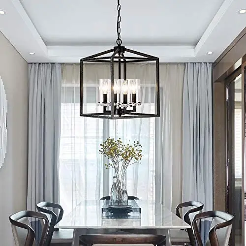 Industrial Metal Modern Lanten Chandelier Lighting Fixture 4 Clear Glass Shades for Dining Room, Kitchen, Living Room