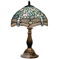 Tiffany Lamp W12H18 Inch Tall Sea Blue Stained Glass Dragonfly Crystal Style Shade Accent Antique Bedside End Table Desk Reading Light S147 WERFACTORY Lamps Living Room Bedroom Study Art Crafts Gifts