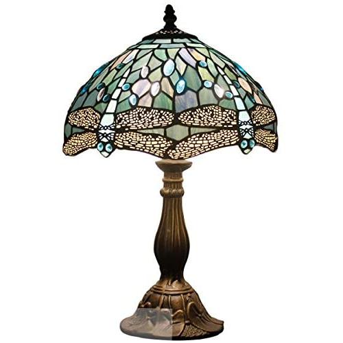 Tiffany Lamp W12H18 Inch Tall Sea Blue Stained Glass Dragonfly Crystal Style Shade Accent Antique Bedside End Table Desk Reading Light S147 WERFACTORY Lamps Living Room Bedroom Study Art Crafts Gifts