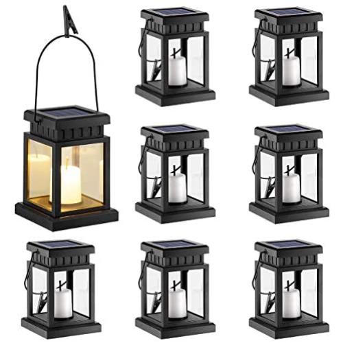 GIGALUMI 8 Pack Solar Hanging Lantern Outdoor, Candle Effect Light with Stake for Garden,Patio , Lawn, Deck , Umbrella, Tent, Tree,Yard,Driveway-Warm White