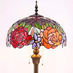 Tiffany Style Floor Standing Lamp W16H64 Inch Tall Stained Glass Red Rose Shade 2E26 Antique Read Lighting Resin Base S001 WERFACTORY LAMPS Bedroom Living Room Bedside Coffee Table Bookcase Lover Gift