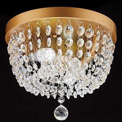 FERWVEW 2-Light D9.84'' H8.26'' Small Chandelier Brass Gold Flush Mount Crystal Ceiling Light Fixture，Modern Pendant Lighting Lamp for Bedroom Hallway Living Dining Room Bathroom Bar