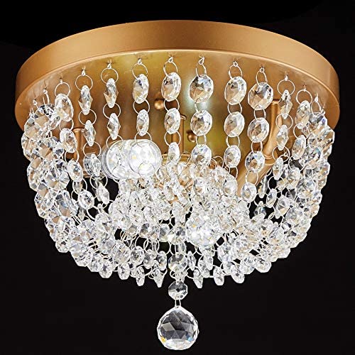 FERWVEW 2-Light D9.84'' H8.26'' Small Chandelier Brass Gold Flush Mount Crystal Ceiling Light Fixture，Modern Pendant Lighting Lamp for Bedroom Hallway Living Dining Room Bathroom Bar