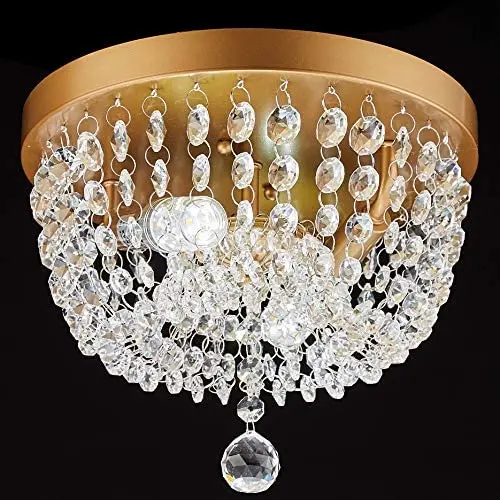 FERWVEW 2-Light D9.84'' H8.26'' Small Chandelier Brass Gold Flush Mount Crystal Ceiling Light Fixture，Modern Pendant Lighting Lamp for Bedroom Hallway Living Dining Room Bathroom Bar