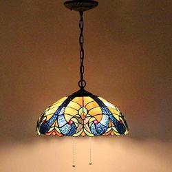 Tiffany Pendant Lamp W16H40 Inch Blue Stained Glass Lampshade Link Antique Pendant Lamp Ceiling Style 2E26 Lighting for Dining Room Living Room S160E WERFACTORY Living Bar Room Lover Study Gifts