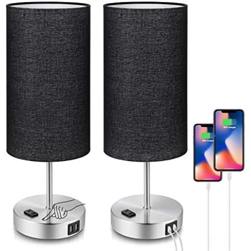 Black Touch Control Table Lamp Set of 2, 3-Way Dimmable Bedside Nightstand Lamps with 2 USB Ports&AC Outlet Fabric Round Black Lamps for Bedroom Living Room Desk Silver Metal Base, Bulbs Included