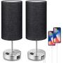 Black Touch Control Table Lamp Set of 2, 3-Way Dimmable Bedside Nightstand Lamps with 2 USB Ports&AC Outlet Fabric Round Black Lamps for Bedroom Living Room Desk Silver Metal Base, Bulbs Included