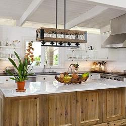 Kitchen Island Lighting, Wood Farmhouse Chandelier, Dining Room Hanging Fixture with 5 Glass Globes, 32”L x 10”H