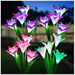 Outdoor Solar Lights, KOOPER 4 Pack Solar Garden Lights with 16 Bigger Lily Flowers, Waterproof 7 Color Changing Outdoor Lights - Bigger Solar Panel for Garden Patio Yard Pathway Decoration…