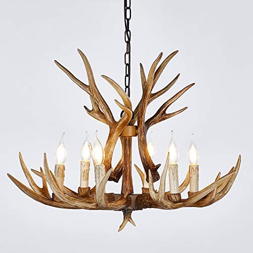 HUITICO Antler Chandelier 6 Light Vintage Style Resin 28'' Large Faux Chandeliers American Countryside Deer Horn Lamps for Living Room, Bar, Cafe, Kitchen, Dining Room