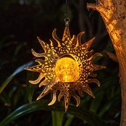 Amugmilk Hanging Solar Lights Outdoor Decorative Lantern,Garden Waterproof Sunflower Metal LED Lamp for Walkway,Yard,Lawn,Patio Decor