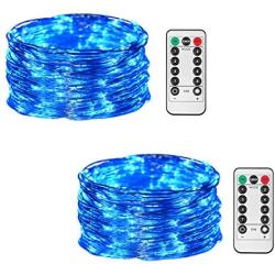 HONGM 2 Pack 100 LED 32.8ft 8 Modes Remote Control Battery Operated Waterproof Dimmable Fairy String Copper Wire Lights for Wedding, Bedroom, Patio, Party, Christmas, (Blue 2 Pack)