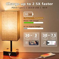 Touch Control Beside Table Lamp, Wesen 3-Way Dimmable Nightstand Lamp with QC 3.0 USB & PD 3.0 Type-C Charging Port & 2 Power Outlets, A19 LED Bulb Included, Classic Desk Lamp for Living Room Bedroom