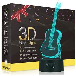 Guitar 3D Night Light, Rquite Decorative Bedside Lamp for Kids Room, LED Optical Illusion Lamps Touch Switch 7 Color Changing Lighting, Holiday Xmas Gifts for Birthday Mothers & Fathers Day