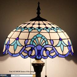 Tiffany Style Floor Lamp W16H64 Inch Tall White Blue Stained Glass Baroque Shade 2E26 Standing Reading Lighting Antique Base S003B WERFACTORY Lamps Lover Gift Bedroom Coffee Bedside Table Living Room