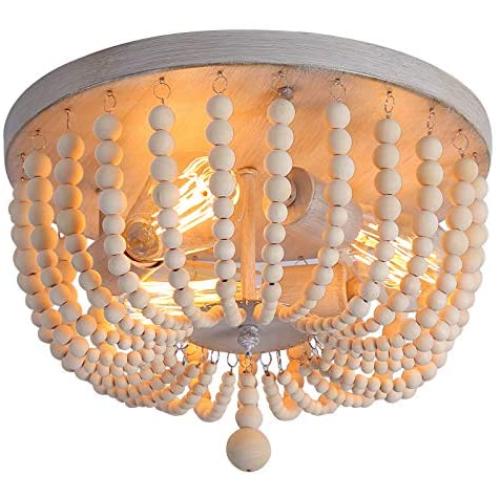 Q&S Wood Beaded Chandelier,Boho Farmhouse Light Fixture,Oak White,3 Lights,Semi Flush Mount Ceiling Light Fixtures for Hallway Babys Nursery Bedroom Kitchen Living Room