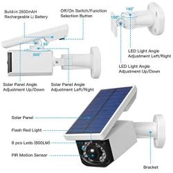 Solar Light Motion Sensor Security Dummy Camera Wireless Outdoor Flood Light IP66 Waterproof 800 Lumens 8 LED Lamp 3 Modes for Home Porch Yard Garden