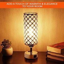 Dimmable Table Touch Lamp with 2 USB Charging Ports, AC Outlet, and Bulb, Decorative Crystal Bedside Light, Cute Modern Desk Lamps for Bedroom, Living Room, Bed Side, Guest Room, and Home Office